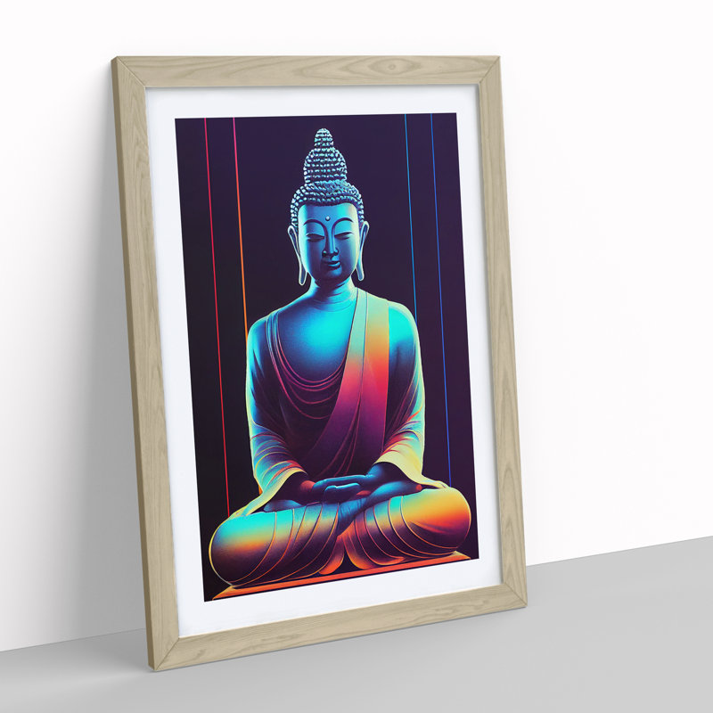 Buddha in Neon - Wall Art, 66cm H x 48cm W x 2cm D, Oak Framed, White