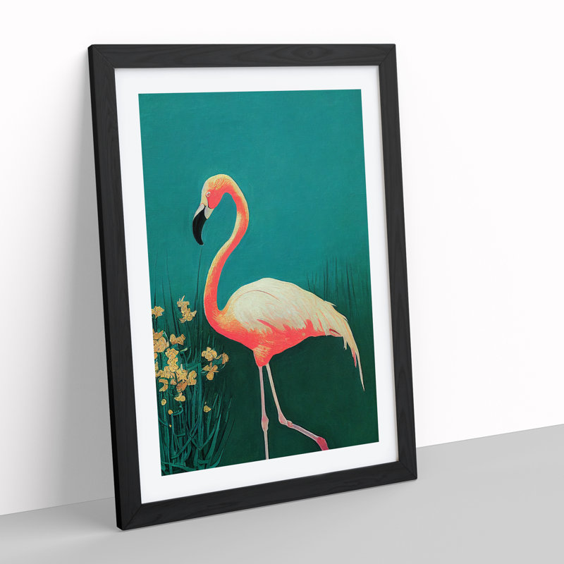 XV1022-5059X Walking Flamingo - Print, Black Framed, 36cm H x 27cm W, White
