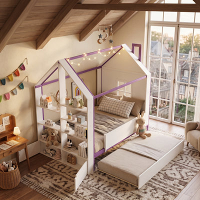 Structure de lit Kittredge Magical Kids avec lumières DEL, tablettes de rangement et lit gigogne escamotable pour un jeu imaginatif