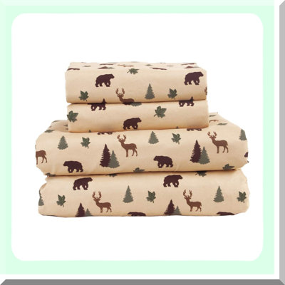 Rustic Patchwork Plaid Deer Full Bedding Set - Cozy Cabin 4-Piece Sheet Set with Deep Pockets in Green - Home Accents