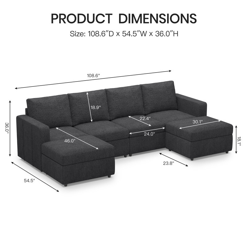 Canapé modulaire rembourré avec rangement Rafael, Chenille grise foncée