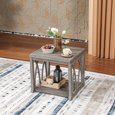Table d'appoint d'extérieur en aluminium SeeHill, table de bout carrée 20,3 po avec rangement à double couche, table d'appoint moderne imperméable avec pieds réglables pour balcon, terrasse, porche, chêne chaulé