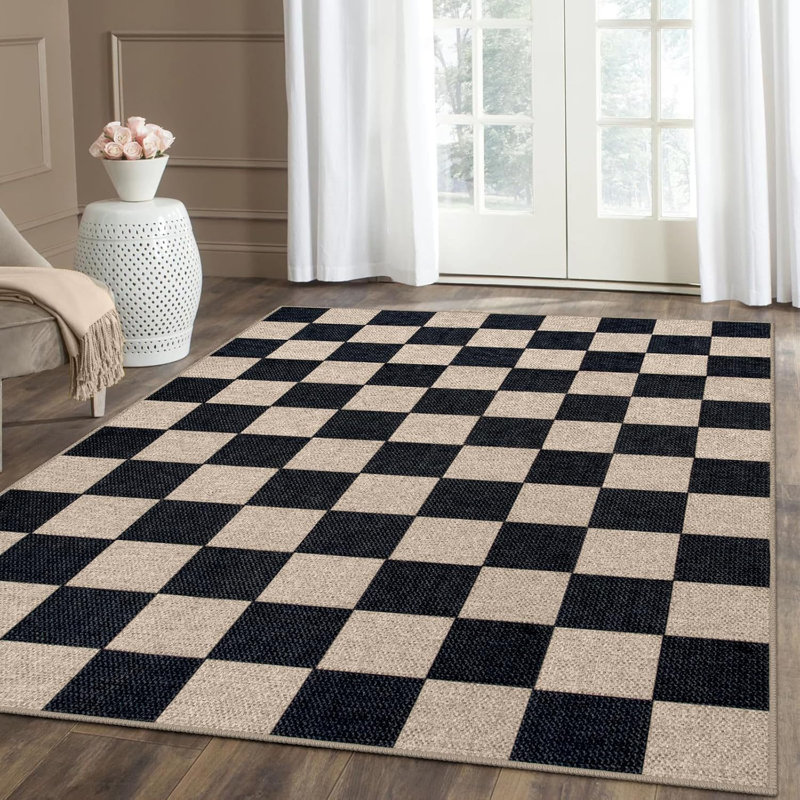 Tapis lavable à motif damier Vilena - motif texturé audacieux pour le salon, la chambre à coucher ou la cuisine