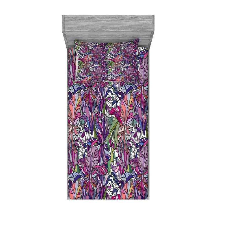 Microfiber Floral Sheet Set, Twin Sheet Set + Fitted Sheet + 2 Pillowcases, Purple Floral