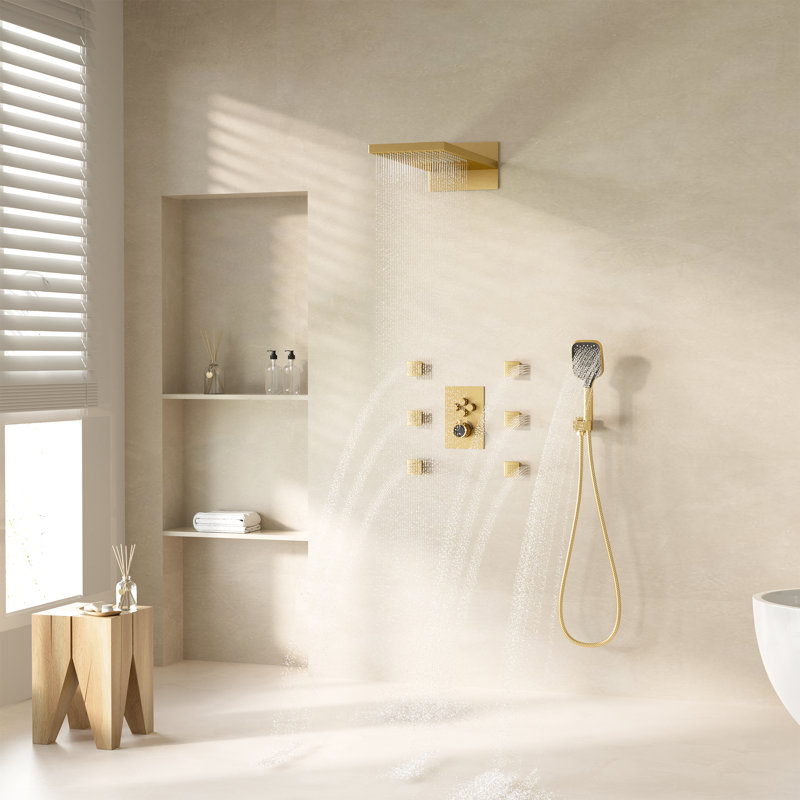 Système de douche thermostatique à pluie rectangulaire mural à 4 fonctions de 20 pouces avec 6 jets de corps Rainier