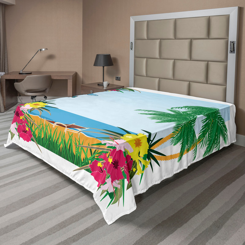 Ambesonne Tropical Top Flat Sheet Exotic Foliage Beach Art Pale Orange Jade Green, California King Flat Sheet