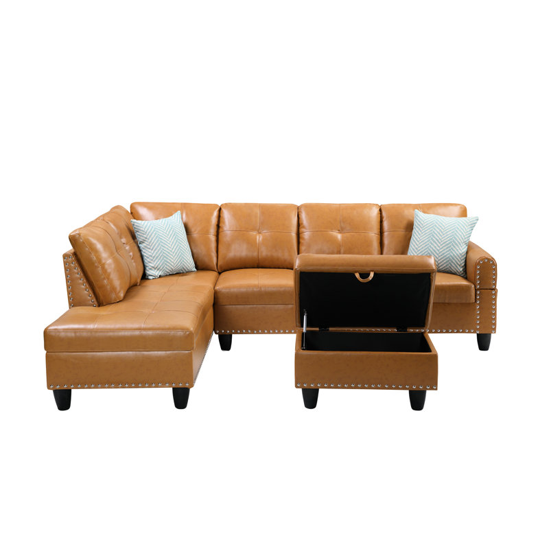L - Shaped Sectional Of Faux Leather With Cup Holders On Middle Seat, Ideal For Entertainment Time, Includes Two Toss Pillows And Matching Interior Storage, Solid Wood Frame, Foam Cushions, Rounded