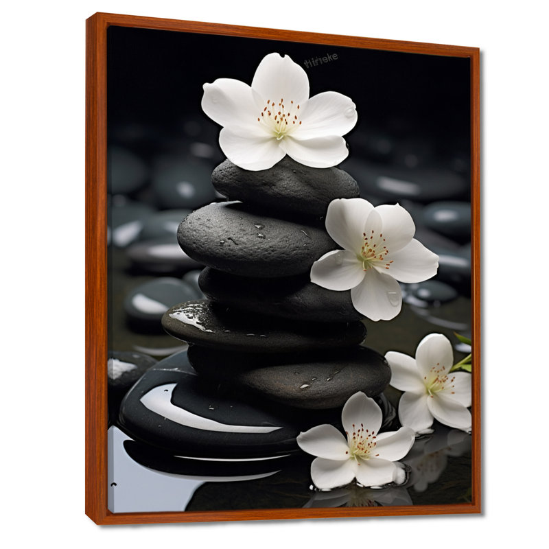 Zen Zen Serenity fleurs blanches pierre noire Cairn - impressions spirituelles sur pierre, H 40 po x l 30 po, Brun