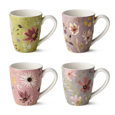 Ensemble de tasses en céramique Wildflowers de 4 tasses à aquarelle florales assorties de 16 oz avec œuvres d'art botaniques douces, idéales pour le café, le thé, le cacao, les cuisines douillettes et les décors inspirés du jardin
