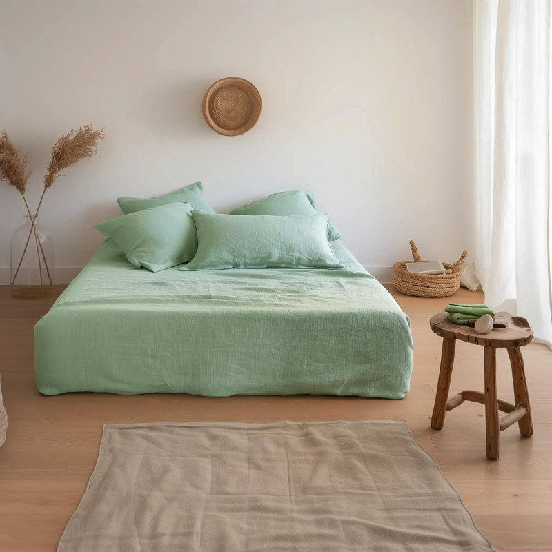 100% French Linen Fitted Sheet with Pillowcases 3 Pieces Set (Multiple Sizes & Colours), Mint