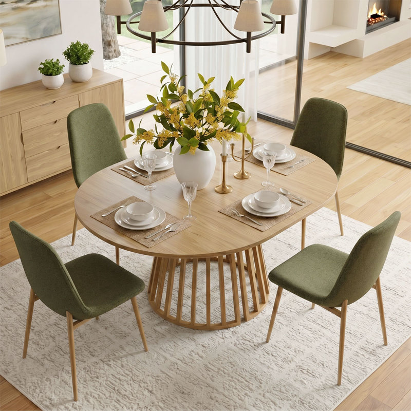 4- Person Dining Table Sets With Extendabe Oval Table & 4 Upholstered Dining Chairs, Green