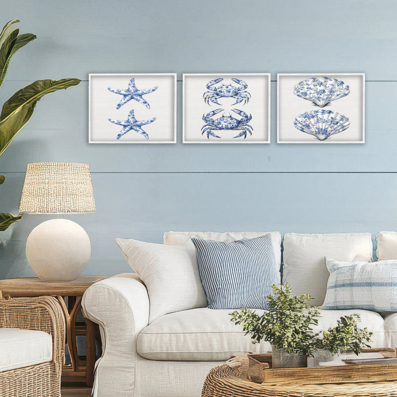 Ensemble de giclées encadrées vintage 3 pièces Starfish & Crabs, H 14 po x l 11 po