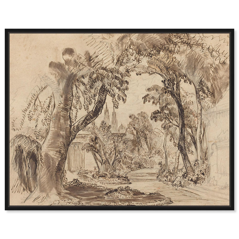 Art Remedy Vintage Sketches Canvas, A Tree lined Garden Path, 37" H x 31" W, Black Floater Framed
