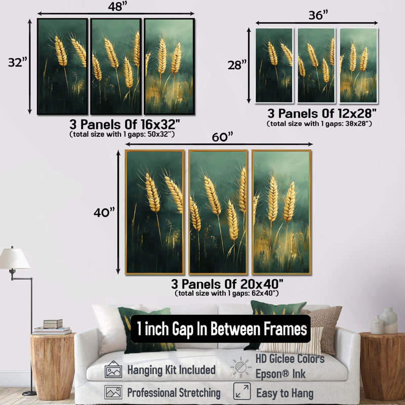 «Green Golden Wheat Fields I», ensemble d'art mural ferme, H 28 po x l 36 po x P 1 po, Toile avec cadre flottant noir