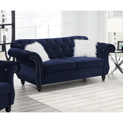 Velours indigo traditionnel de luxe avec garniture cloutée argentée et silhouette classique, pour le salon, coussins en cristal à 2 sièges de l 77 po x l 34 po x H 37 po