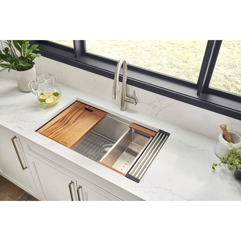 Roma Workstation Ledge 32" L x 19" W Undermount Kitchen Sink with Basket Strainer, 19" L x 33" W