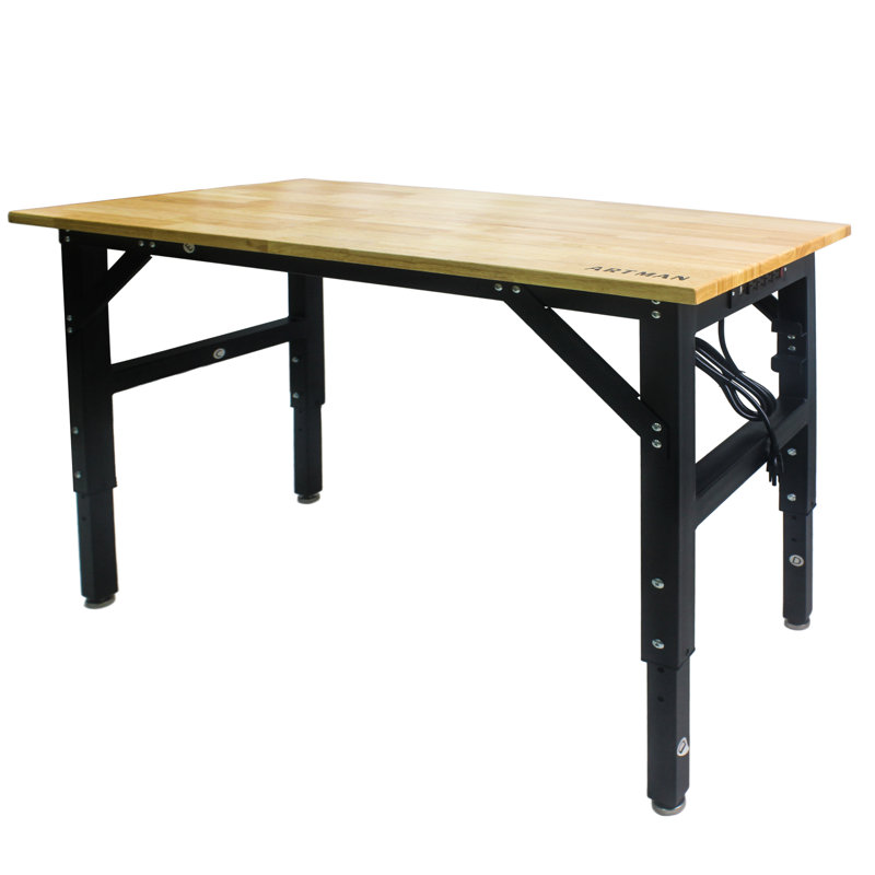Table de travail ajustable en métal avec plateau en bois durable et multiprise polyvalente pour un usage en atelier ou à la maison