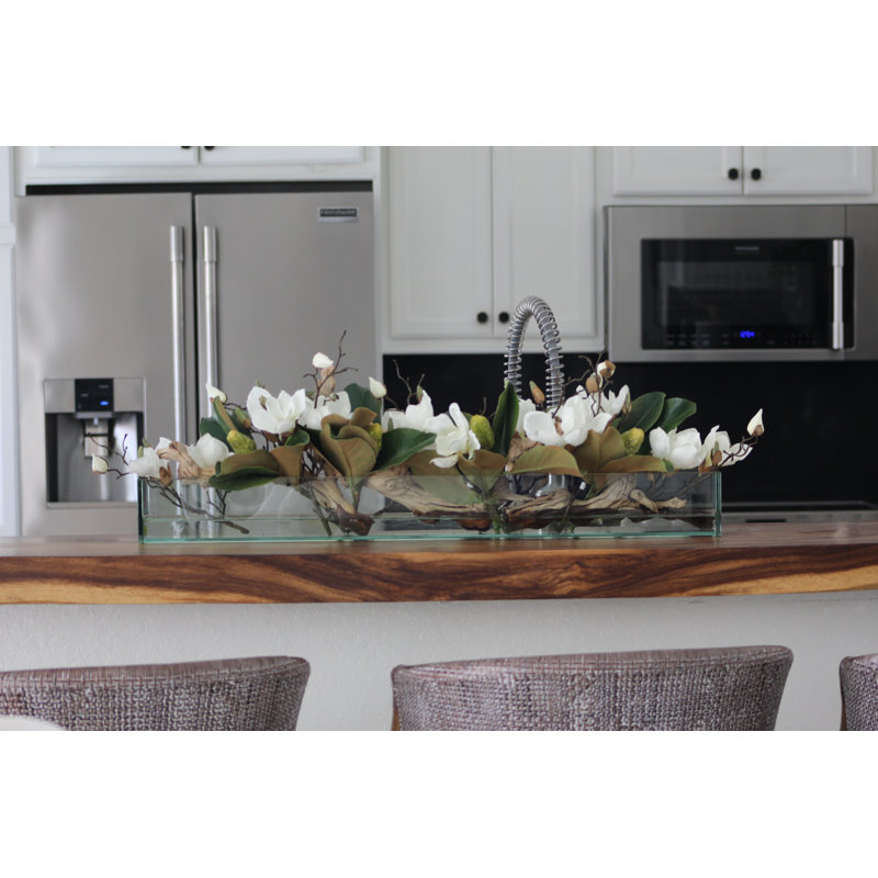 Glass Plate Magnolia Floral Arrangement And Centerpiece In Planter, White, 8" H x 36" W x 4" D