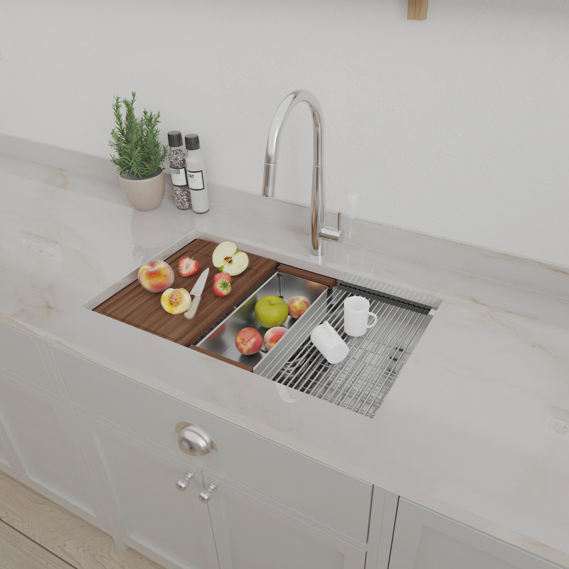 32 X 18 Inch Undermount Kitchen Sink, Stainless Steel Gauge. T304 Grade Steel, And Dependable. Rust-, Scratch-, Heat-. Workstation Sink With Extra Space Utilization. X Grooves For Fast Water