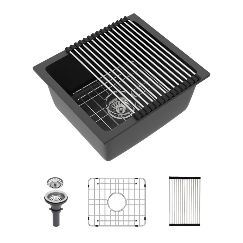 Évier de cuisine en quartz - Évier de cuisine en granite noir encastrable 17,71 po x 15,74 po x 9 po