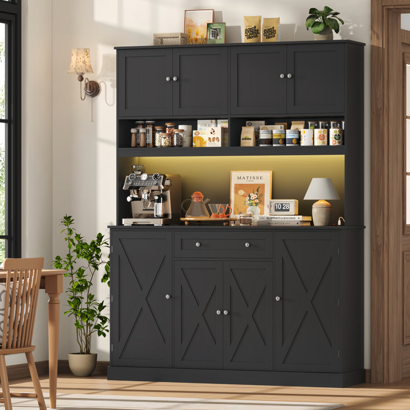 Armoire de cuisine de 72,8 po x l 55,1 po avec éclairage à DEL et prise de courant intégrée, support pour micro-ondes et tablettes réglables