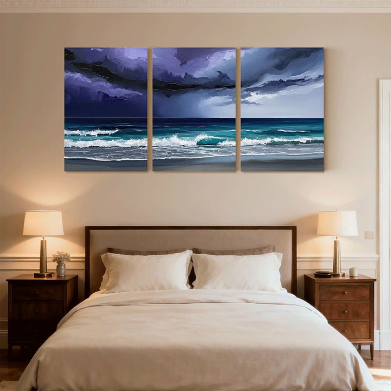 Nautique et plage, vagues océaniques sous un ciel orageux, ensemble de 3 impressions sur toile, H 30 po x l 60 po