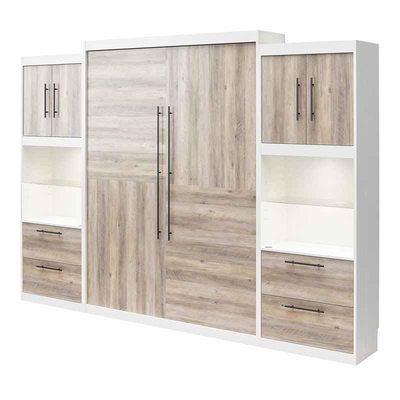 Lit escamotable Tapaktuan avec armoires de rangement latérales, Grand, Blanc / chêne gris