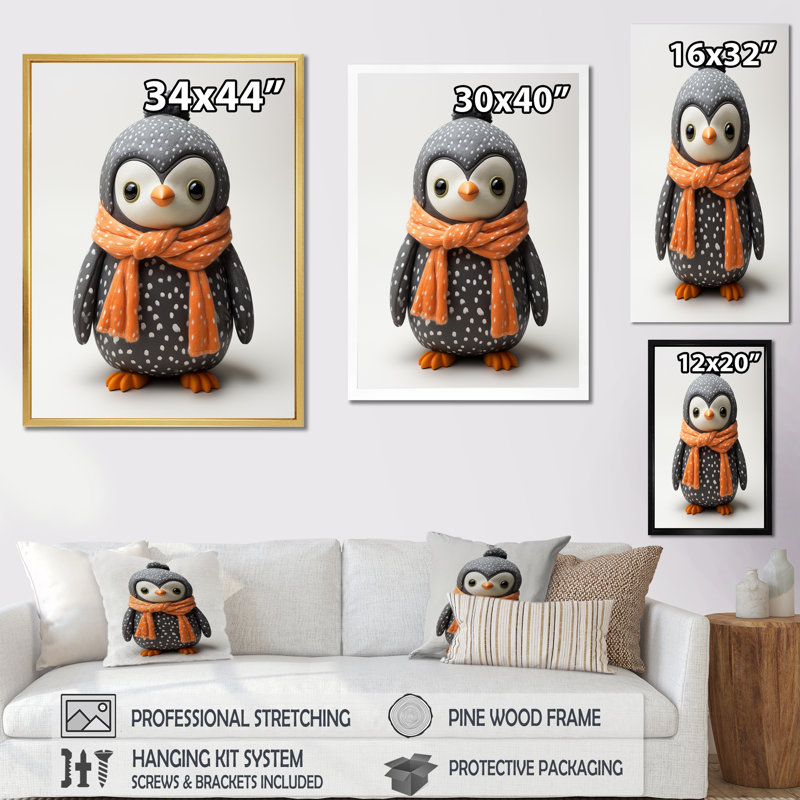 Jouet pingouin ludique sur toile, Cadre photo noir simple, H 44 po x l 34 po x P 1,5 po