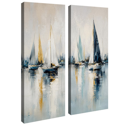 Voiliers bleus et or sur eau calme - Décoration nautique côtière - Ensemble de 2 impressions sur toile 32" x 12" x 2