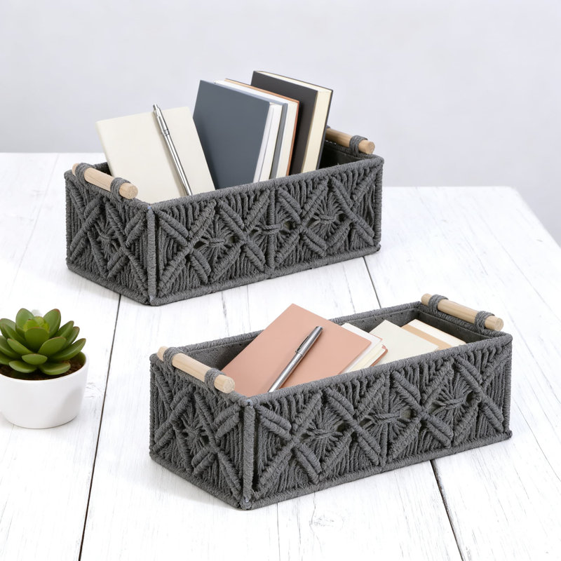 Handwoven Macrame Storage Baskets, Woven Organizer Boxes For Home Decor And Storage Solutions, Gray