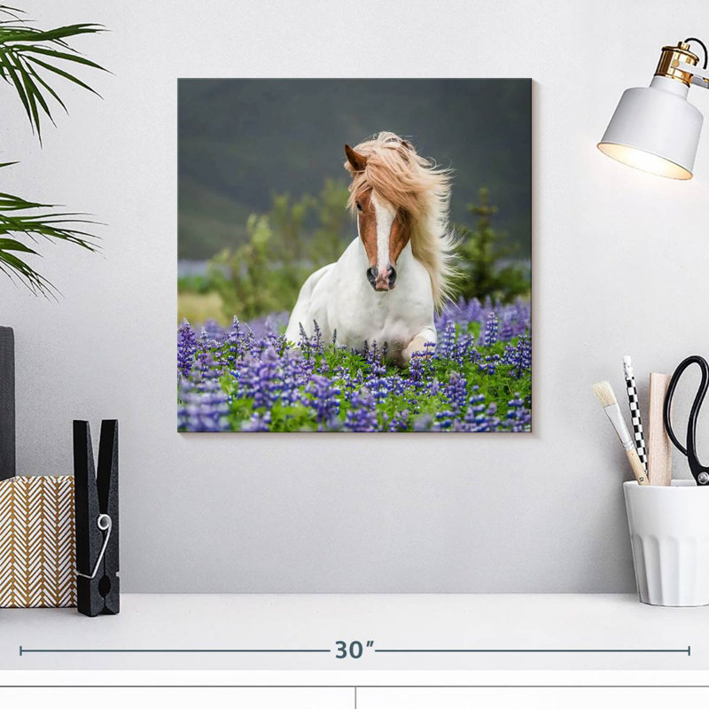 Corbeau cheval de race pure avec lupins, H 16 po x l 16 po