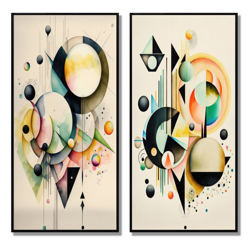 «Pastel Minimalist Multi Shape Art I», 2 pièces sur toile, Cadre noir, H 20 po x l 24 po