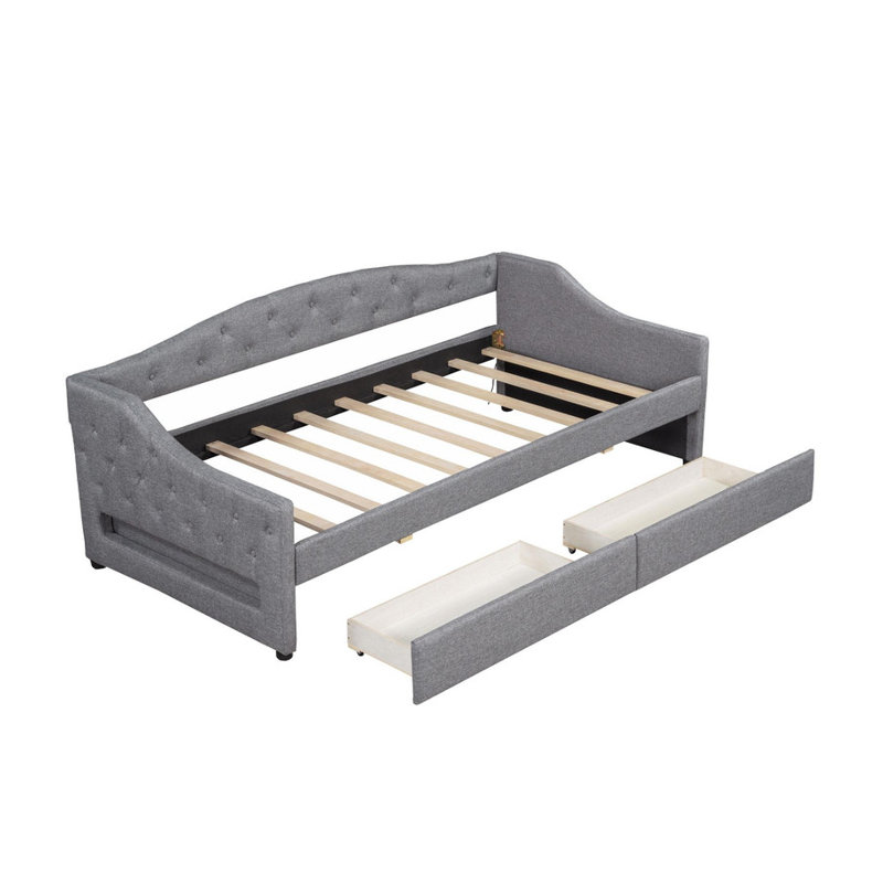 Gray Upholstered Twin XL Daybed with LED Belt & 2 Drawers | Modern Design | Sturdy Frame | Spacious Storage | Ideal for Guest Rooms & Small Spaces