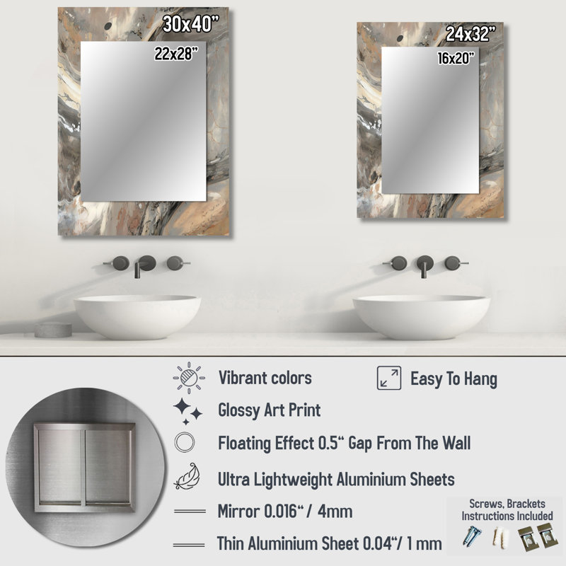 Morning Effervescence I - Abstract Unique Mirror, Gray Large Wall Mirror, Printed Metal Art, 40" x 30"