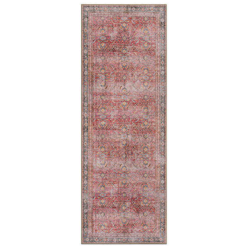 Labarbera Machine Washable Red/Gray Non-Slip Backing Area Rug, Runner 2'6" x 7'