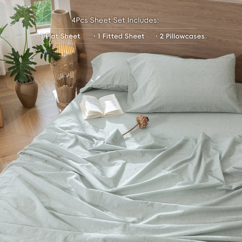 MooMee Striped Sheet Set 100% Washed Cotton Linen Like Textured Breathable Lightweight, Queen Sheet Set with 2 Pillowcases