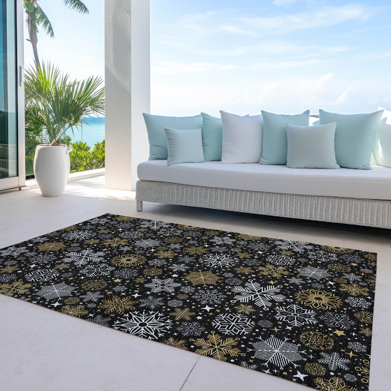 Tapis noir de Noël flocon de neige lavable à la machine intérieur / extérieur Xhevrie, Rectangle 10 pi x 14 pi