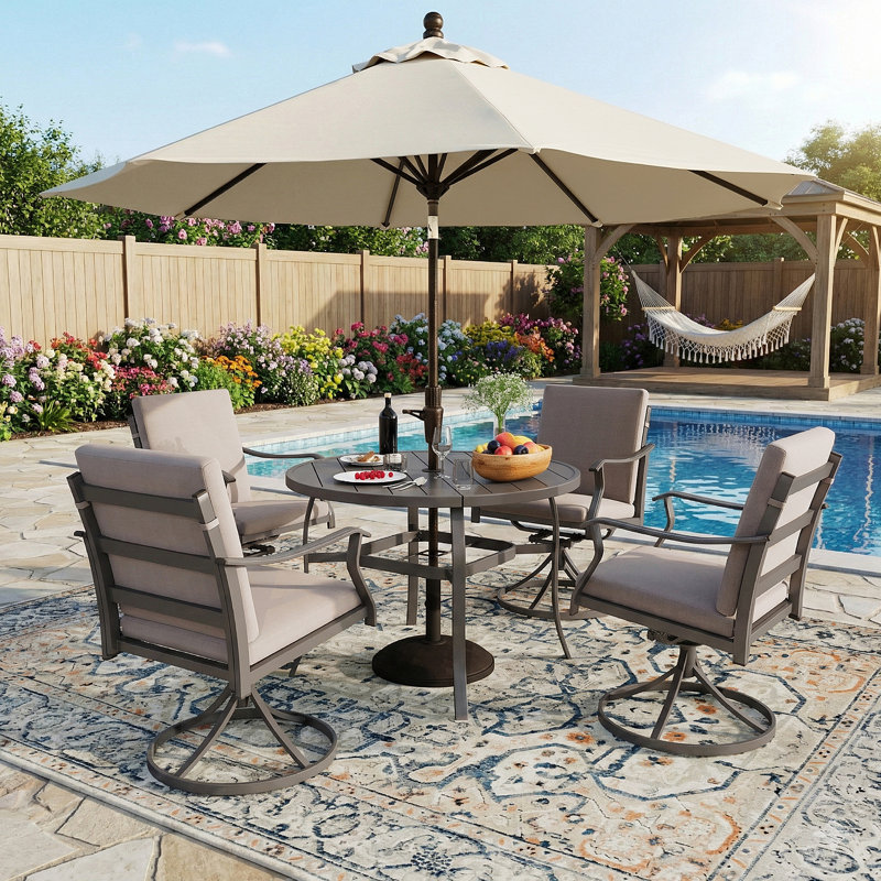 5-piece Outdoor Patio Dining Set, 4 Swivel Chairs With Removable Cushions & Round Metal Table With Umbrella Hole, All-weather Furniture For Backyard, Garden And Deck