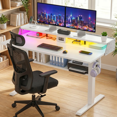 Bureau électrique à hauteur réglable, bureau à support réglable, support pour moniteur avec bibliothèque, bureau de jeu debout avec bande lumineuse à DEL, convient à la maison et au bureau