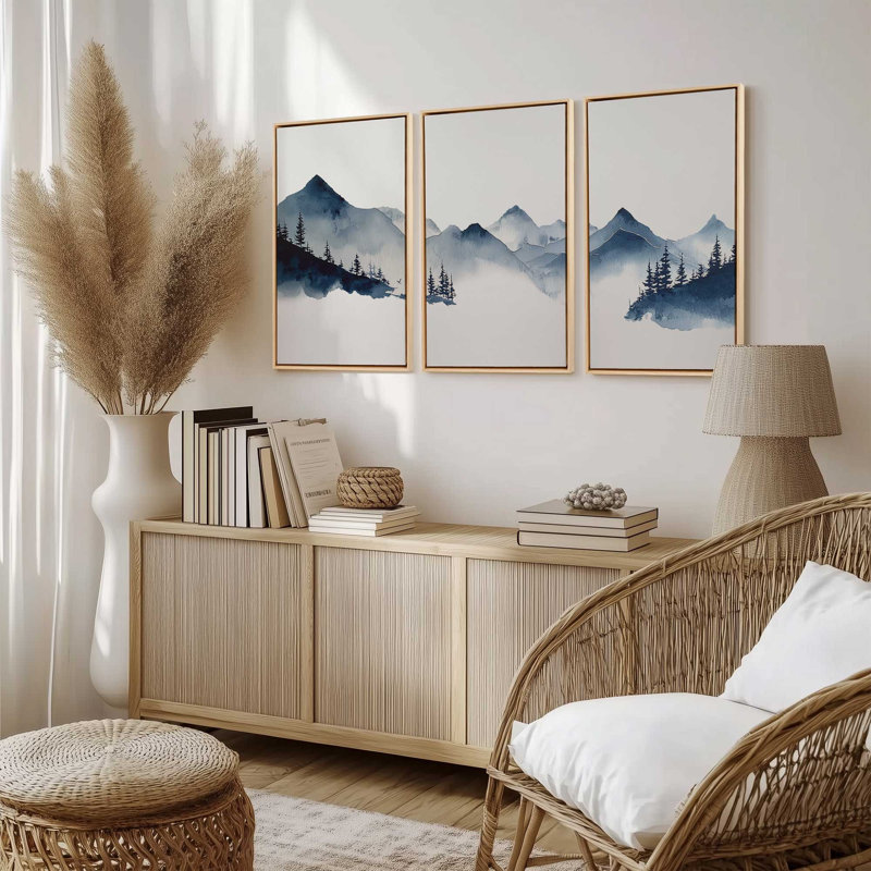 Ensemble de 3 impressions Misty Indigo Peaks, 48 po x 32 po, Cadre flottant blanc opaque