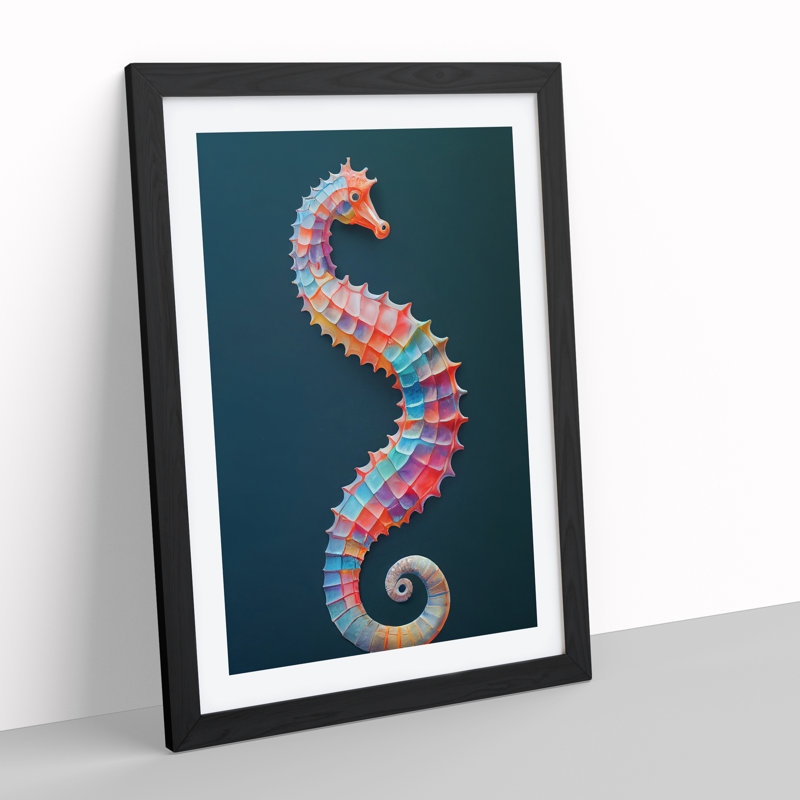 Seahorse In Colour No.4 - Single Picture Frame Painting, 64cm H x 46cm W x 2cm D, Black Framed