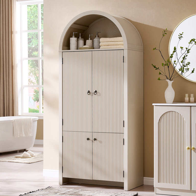  Armoire de rangement de 71 po de hauteur pour salle de bain arquée moderne, armoire de rangement cannelée avec 3 tablettes réglables, 6 tablettes de porte