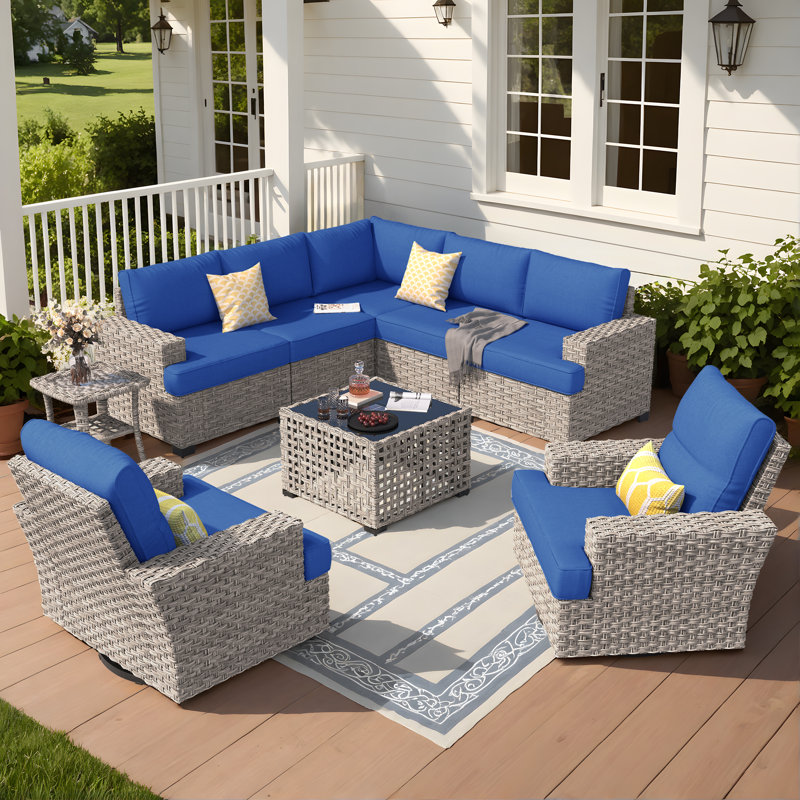 Dzion Outdoor Wicker 7 Person Seating Group With Cushions, Navy, No