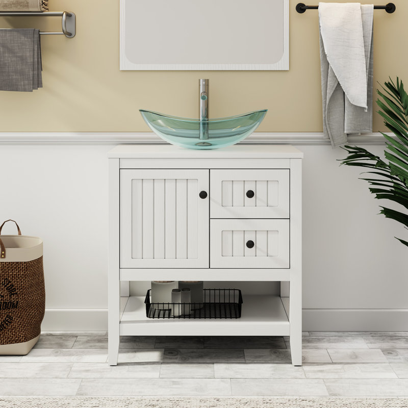 Ensemble de meuble-lavabo simple 30 po avec lavabo vasque, robinet et drain Sharee, assemblage requis, Blanc