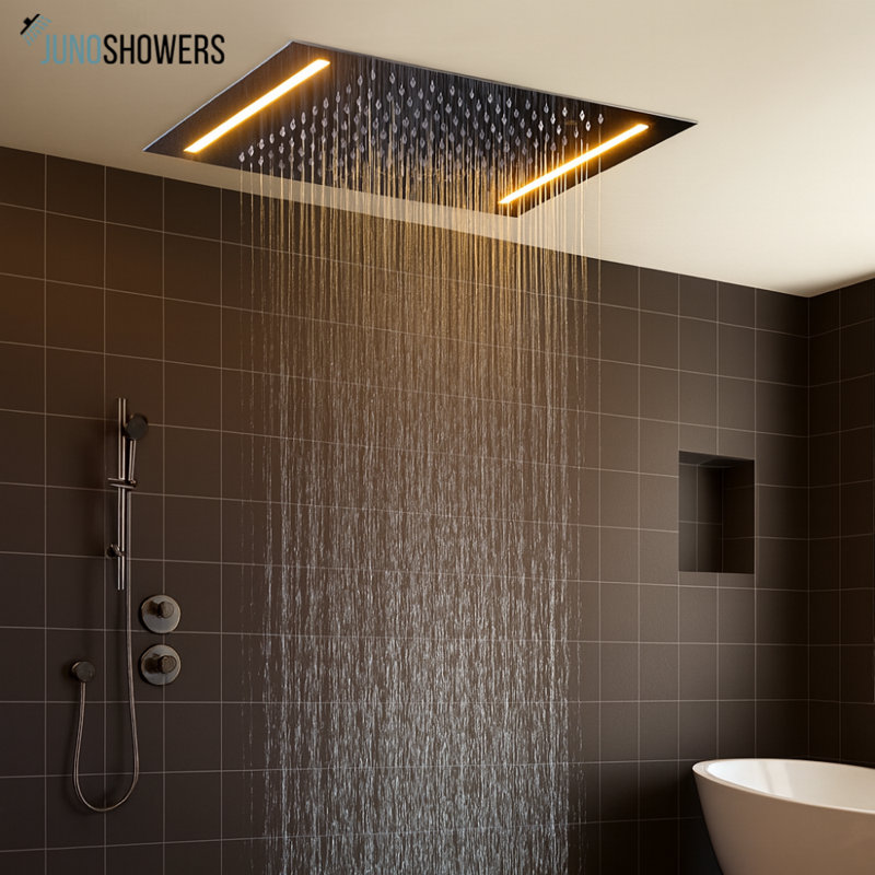 Juno 16 Oil Rubbed Bronze Round LED Rain Shower Head, Ceiling Mount Stainless Steel Shower System with Color Changing Lights