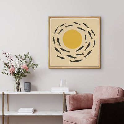 Circular Fish Pattern with Sun Framed Canvas Wall Art Print - Geometric Marine-Inspired Artwork for Contemporary and Coastal Interiors