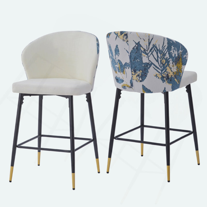 Counter Height Bar Stools Set Of 2, Jacquard Upholstered Bar Chairs, Metal Footrest And Frame For Kitchen,Dining Room,28"H Seat Height
