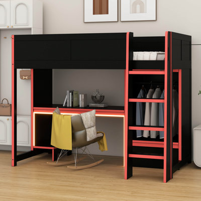 Gaming Loft Bed – Built-In Desk, Wardrobe, LED Lighting & 1 Drawer Included
