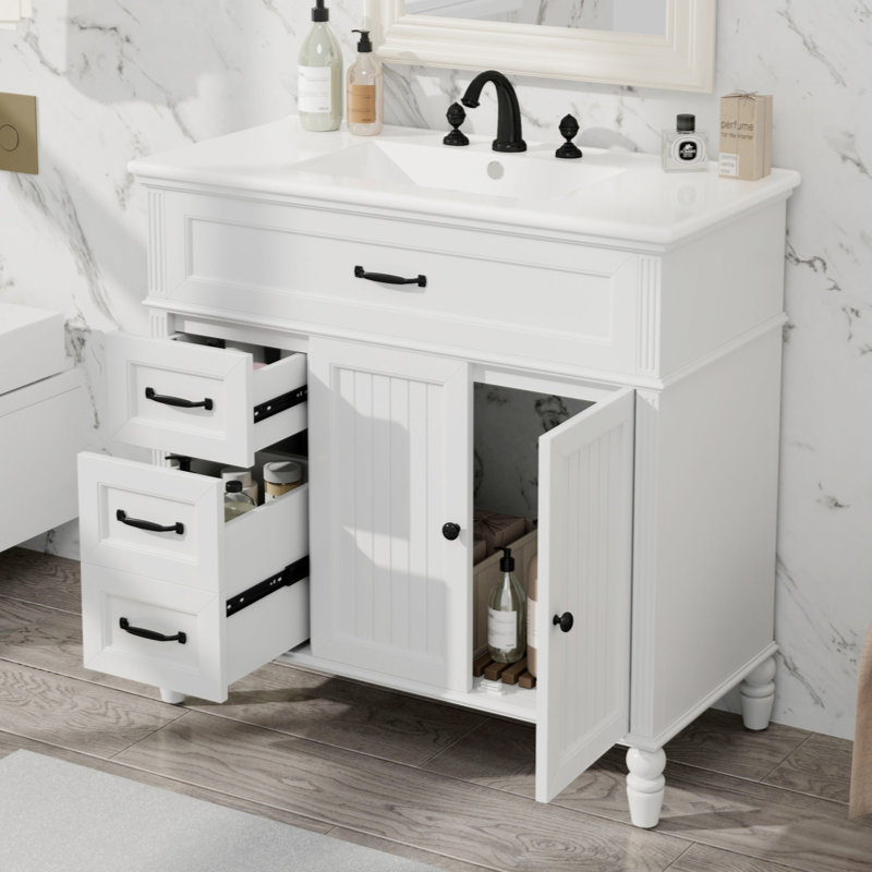 36" Bathroom Vanity With Sink, Bathroom Cabinet With Drawers, Solid Frame And MDF Board, One Package, White, Black