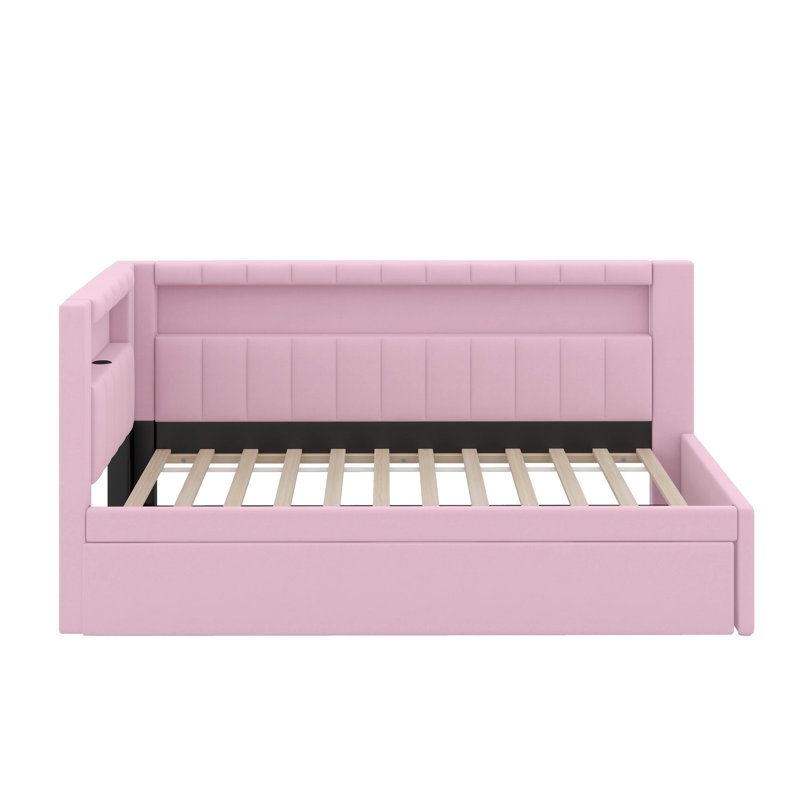 Lit plateforme simple tapissier avec port USB et lit gigogne, Rose